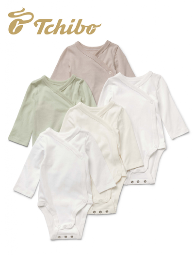 Fünf langärmlige Babybodys in Pastellfarben