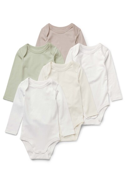 Fünf langärmlige Babybodys in Pastellfarben