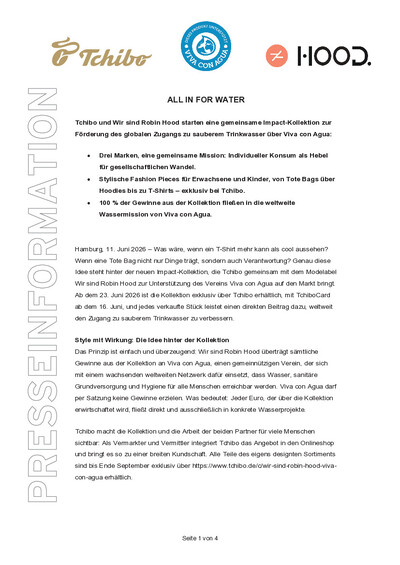 Presseinformation: Tchibo, Viva con Agua, Hood-Kollektion