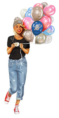 Person mit Kaffee und vielen bunten Ballons