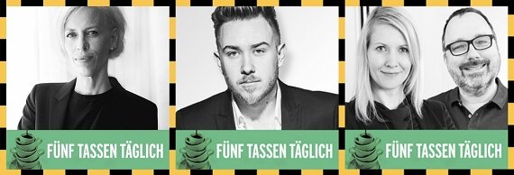 Drei schwarzweiße Porträts mit Text „FÜNF TASSEN TÄGLICH“