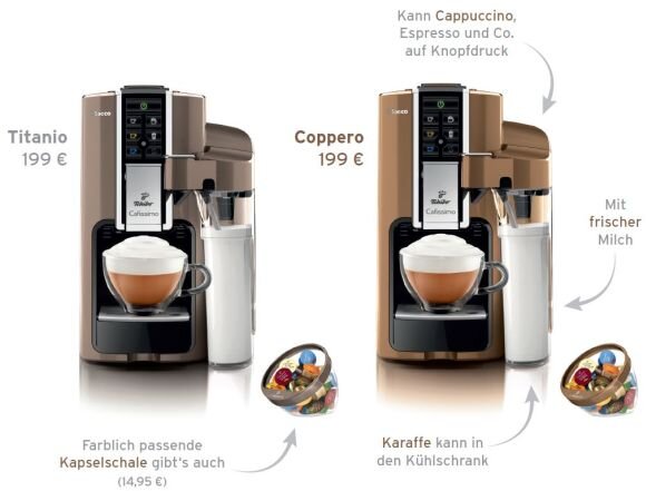 Zwei Saeco Kaffeepadmaschinen mit Milchkaraffe
