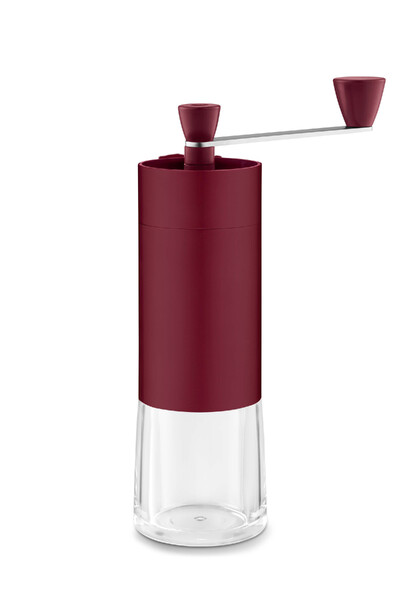 Burgunderrote Handmühle mit Kurbel und Glasbehälter