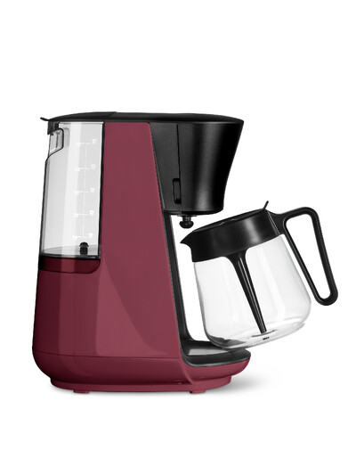 Rote Filterkaffeemaschine mit Glaskanne