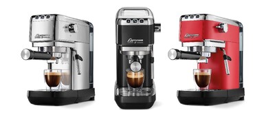 Drei Espressomaschinen in Silber, Schwarz und Rot