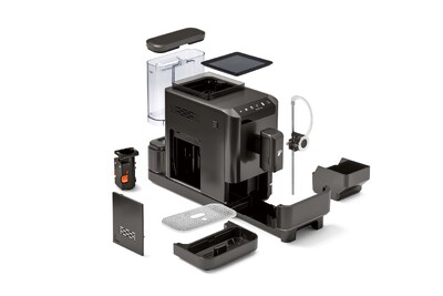 Zerlegte schwarze Kaffeemaschine mit Einzelteilen