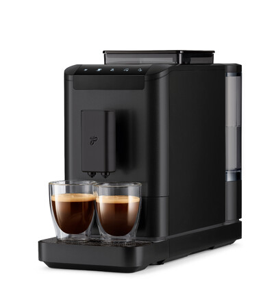 Schwarzer Kaffeevollautomat mit zwei Espressos