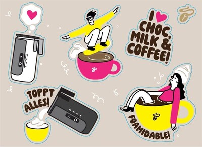 Illustrationen mit Milchaufschäumer, Tassen und Figuren