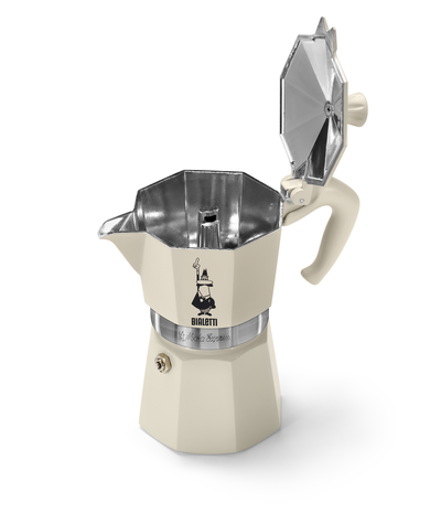 Beige Bialetti-Espressokocher mit offenem Deckel