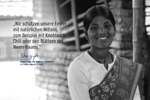 Bhagya Raju, Bio-Baumwoll-Farmerin: Wir schützen unsere Felder mit natürlichen Mitteln wie zum Beispiel Knoblauch, Chili oder den Blättern des Neem-Baums.