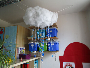 Dachau, Learning Center: Die Kinder bastelten eine Regenwolke aus Plastikverschlüssen von Trinkflaschen. Quelle: Learning Center Dachau