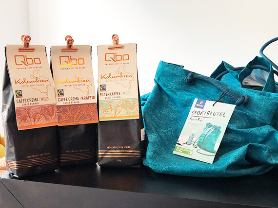 Unser Sportbeutel mit recycelten Materialien diente als Goodiebag - natürlich mit hochwertigen Qbo Premium Coffee Beans.