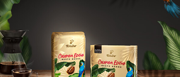 Tchibo Colombia Kaffee mit Tasse und Papagei