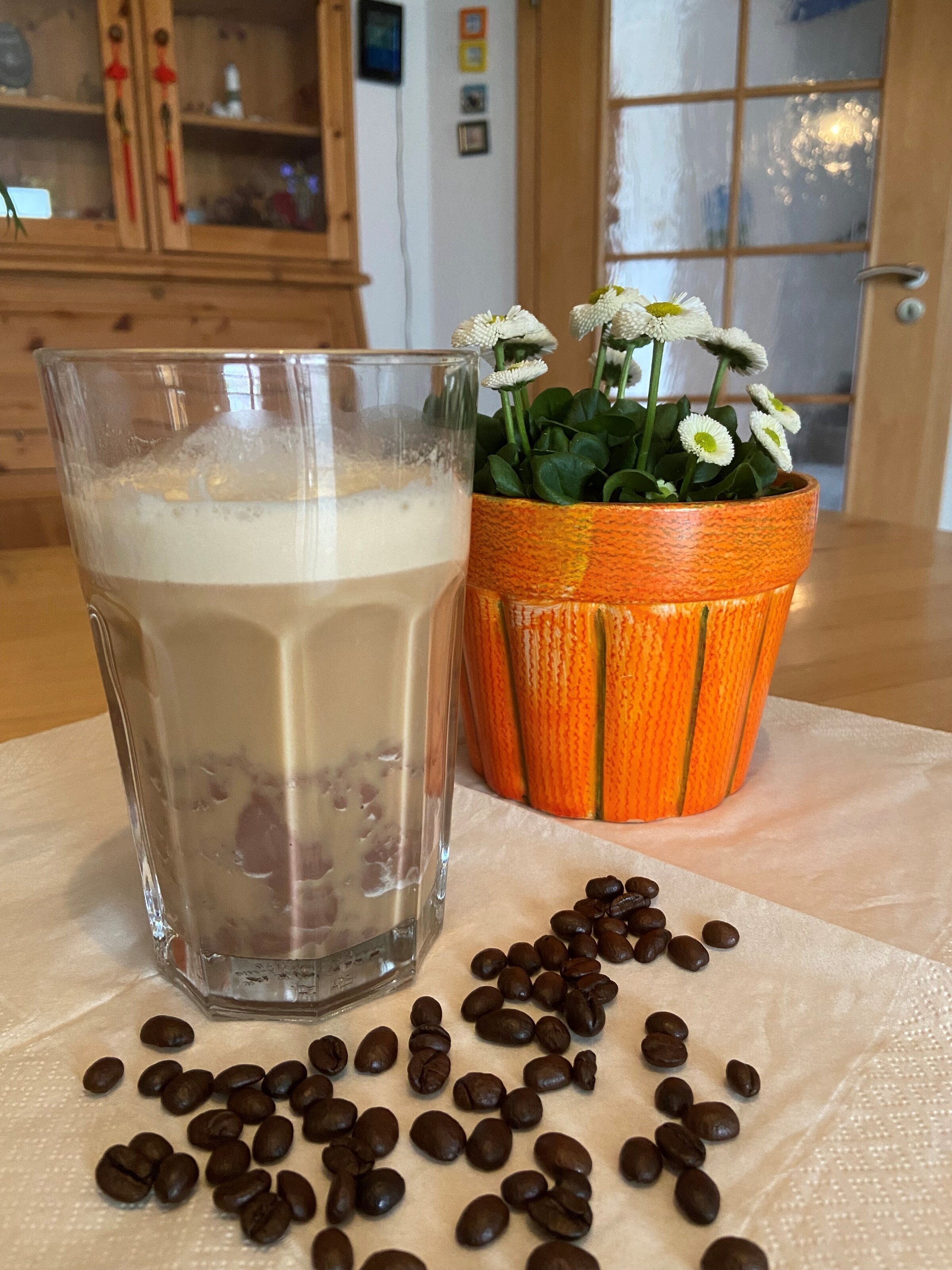 Eiskaffee im Glas neben Blumentopf und Kaffeebohnen