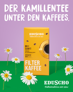 Link: Großansicht des Bildes - Bildinhalt: Gelbe Eduscho Filterkaffee-Packung mit Kamillenblüten
