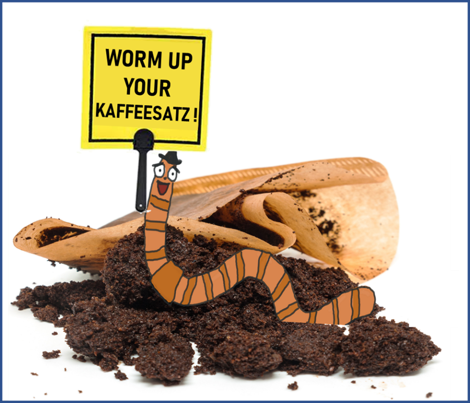 Zeichentrickwurm auf Kaffeesatz mit Schild