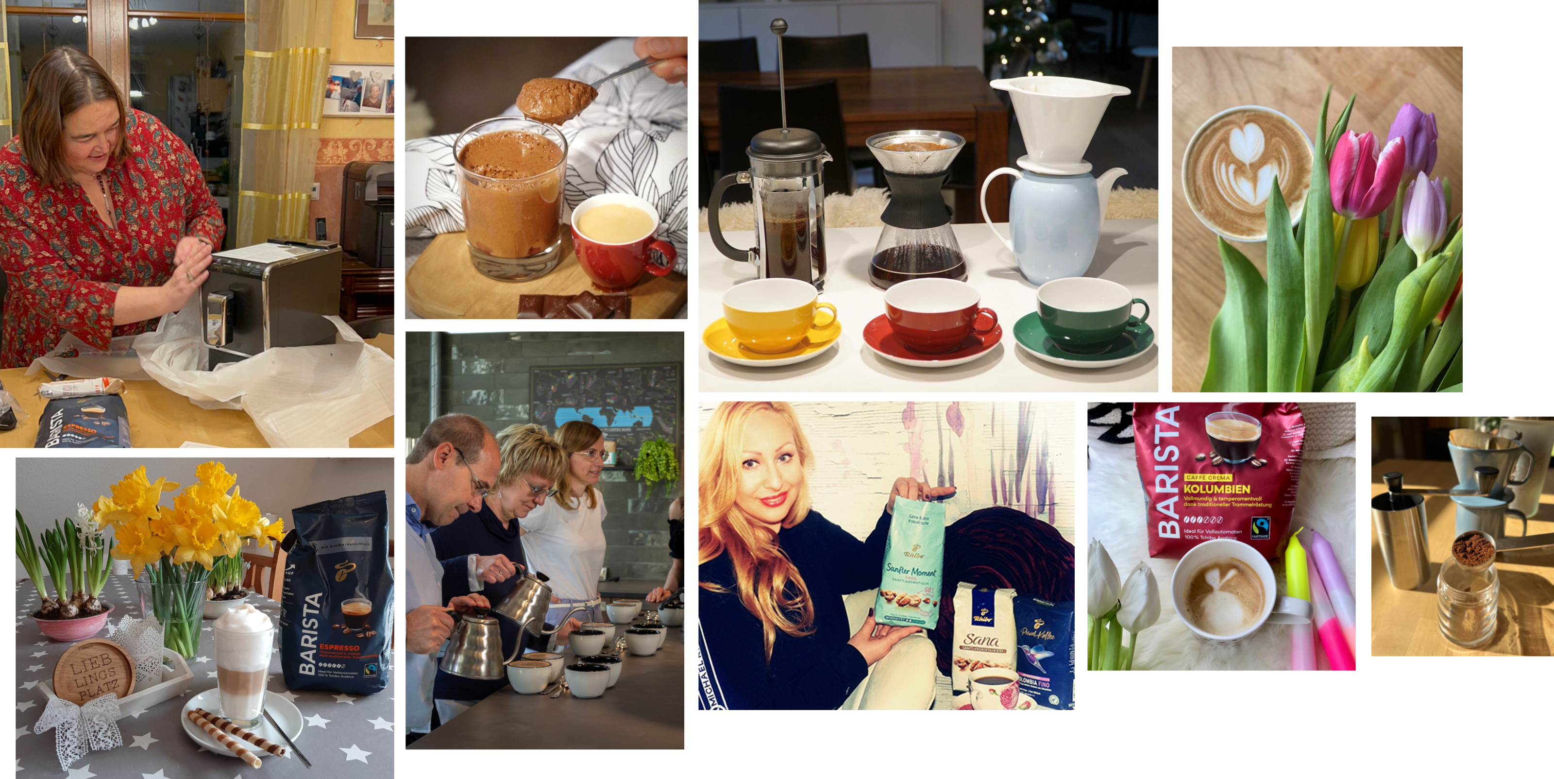 Collage aus Kaffeemaschinen, Tassen und Blumen