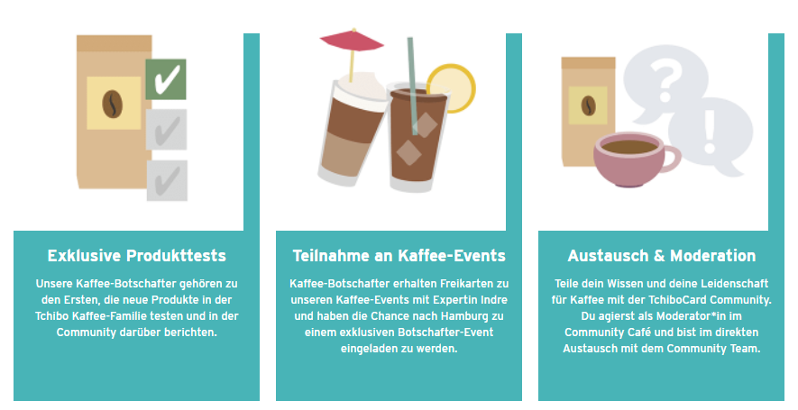 Drei Kacheln mit Kaffee-Icons und Text zu Vorteilen