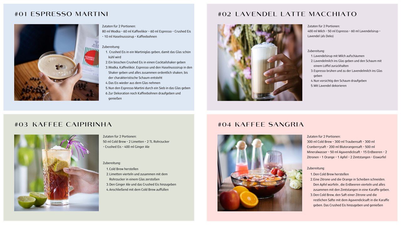 Vier Kaffee-Cocktails mit Rezepttexten