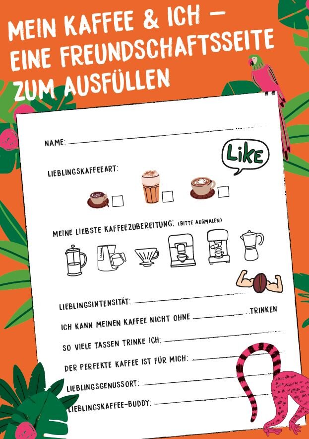 Buntes Kaffee-Steckbrief-Formular zum Ausfüllen