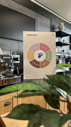 Link: Großansicht des Bildes - Bildinhalt: Kaffeebar mit Aromarad-Poster und Maschine