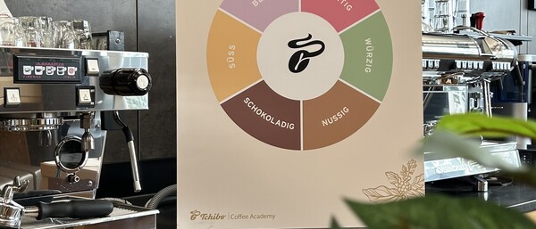 Kaffeebar mit Aromarad-Poster und Maschine