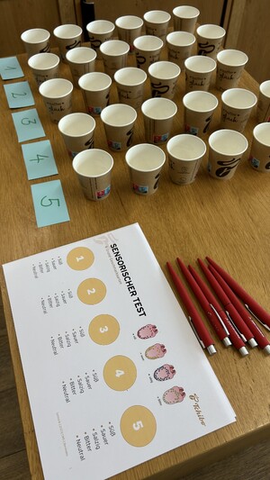Link: Großansicht des Bildes - Bildinhalt: Becherreihen und Sensorik-Testbogen auf Tisch