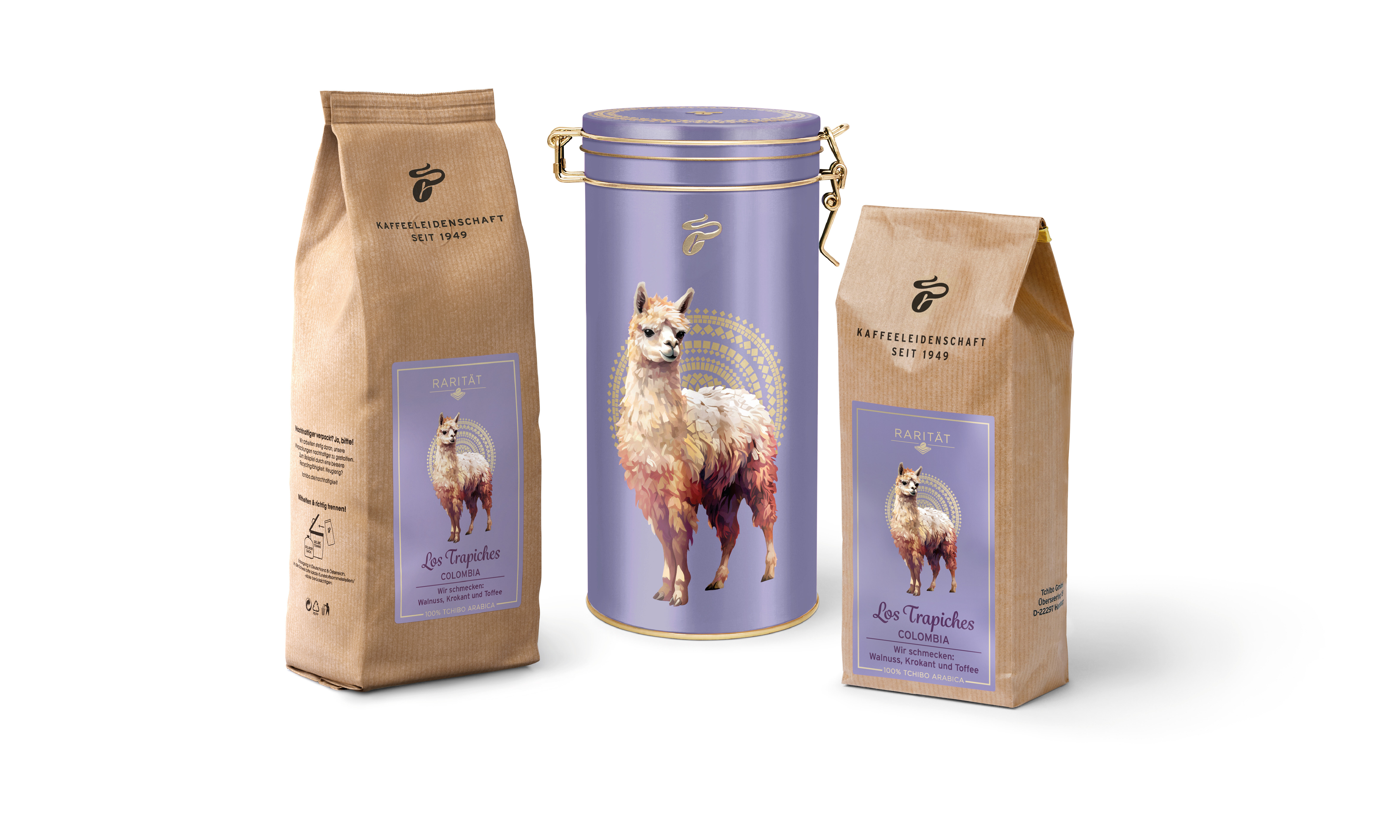 Kaffeeverpackungen mit Lama-Design in Lila
