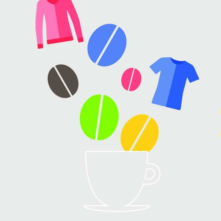 Bunte Kreise, Tasse und zwei Kleidungsstücke