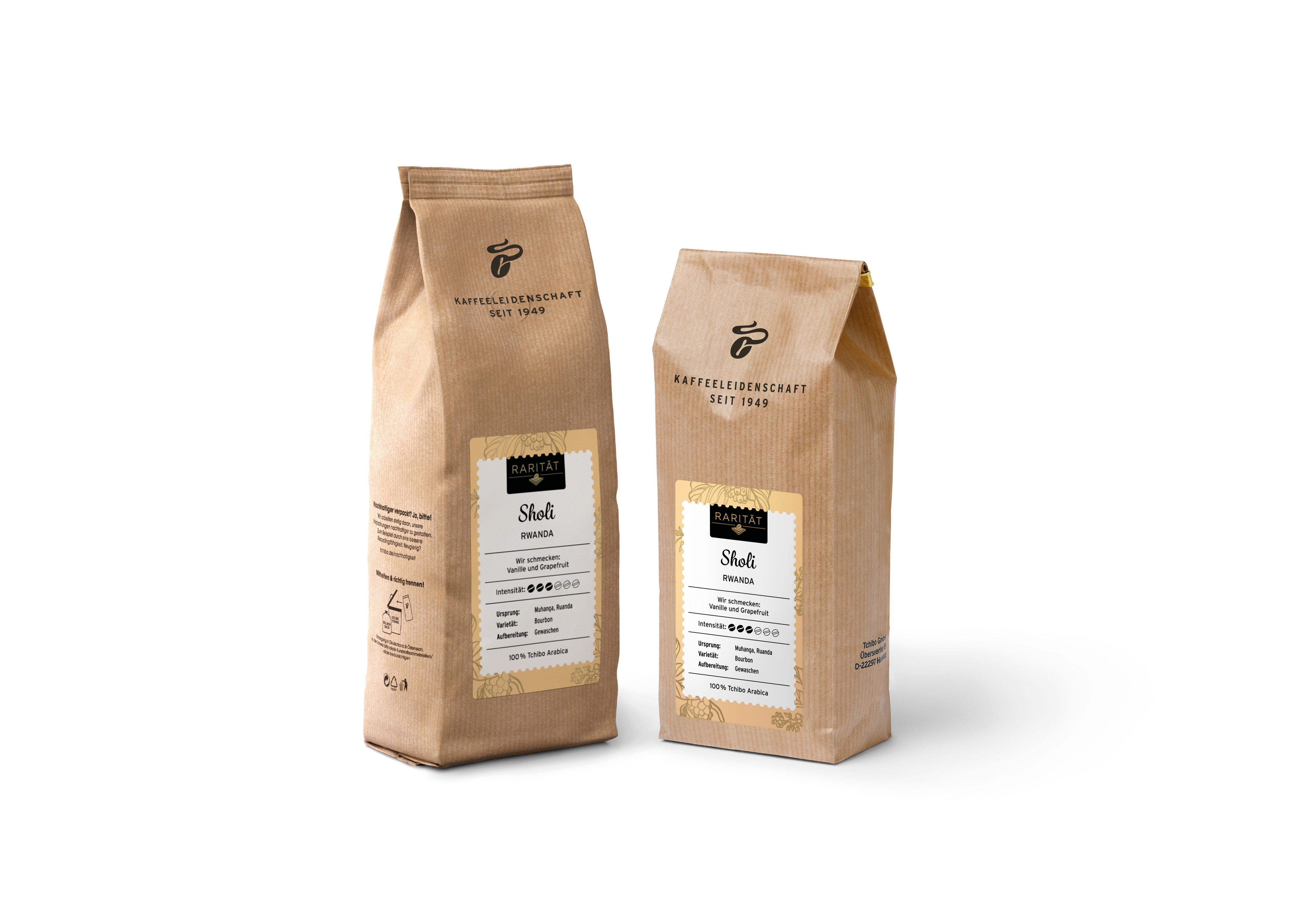 Zwei braune Kaffeepackungen „Shoti Rwanda“