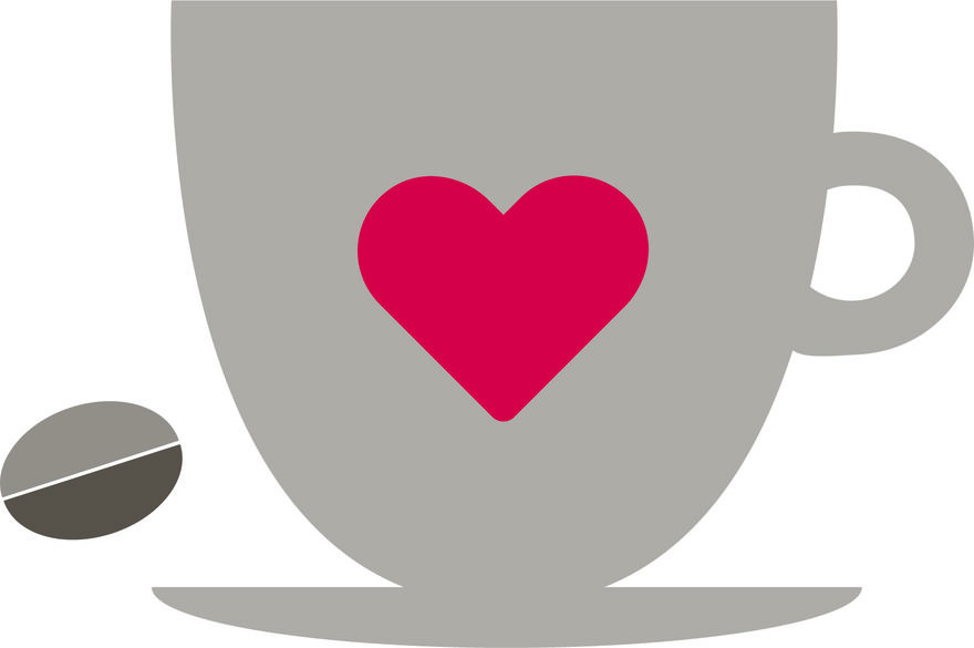 Graue Kaffeetasse mit rotem Herz und Bohne