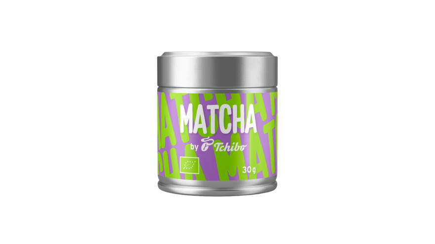 Silberne Tchibo-Matcha-Dose mit grün-lila Etikett