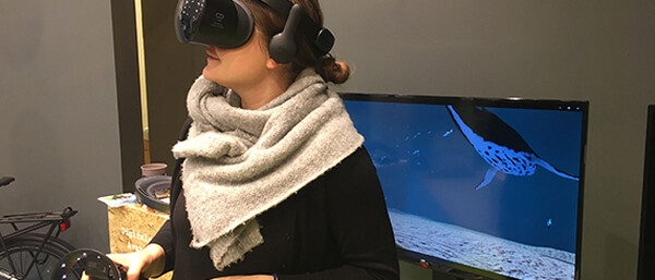Person mit VR-Brille und Controllern vor Monitor