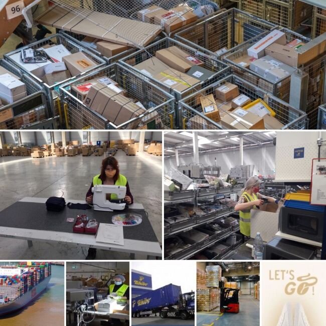 Logistiklager mit Paketen und Mitarbeitenden