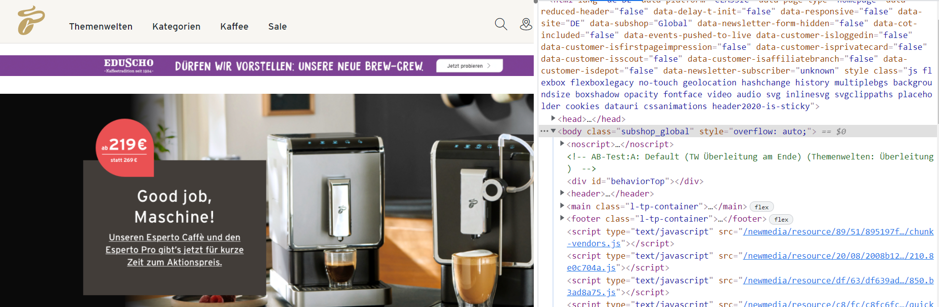 Kaffeemaschinen-Werbung mit HTML-Inspektor