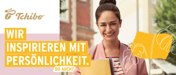 Studentin mit Ordnern, Tchibo-Slogan in Gelb