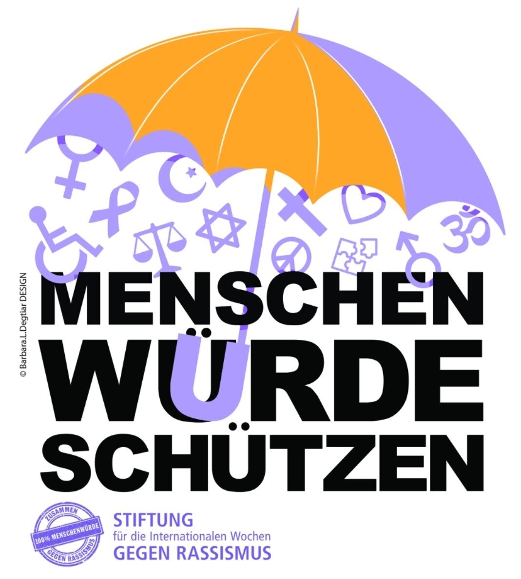Plakat „Menschenwürde schützen“ mit buntem Schirm