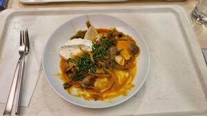 Link: Großansicht des Bildes - Bildinhalt: Teller mit Eintopf, Kräutern und Creme auf Tablett