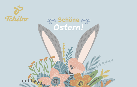 Hasenohren im Blumenstrauß mit Text „Schöne Ostern!“