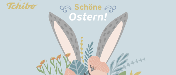 Hasenohren im Blumenstrauß mit Text „Schöne Ostern!“
