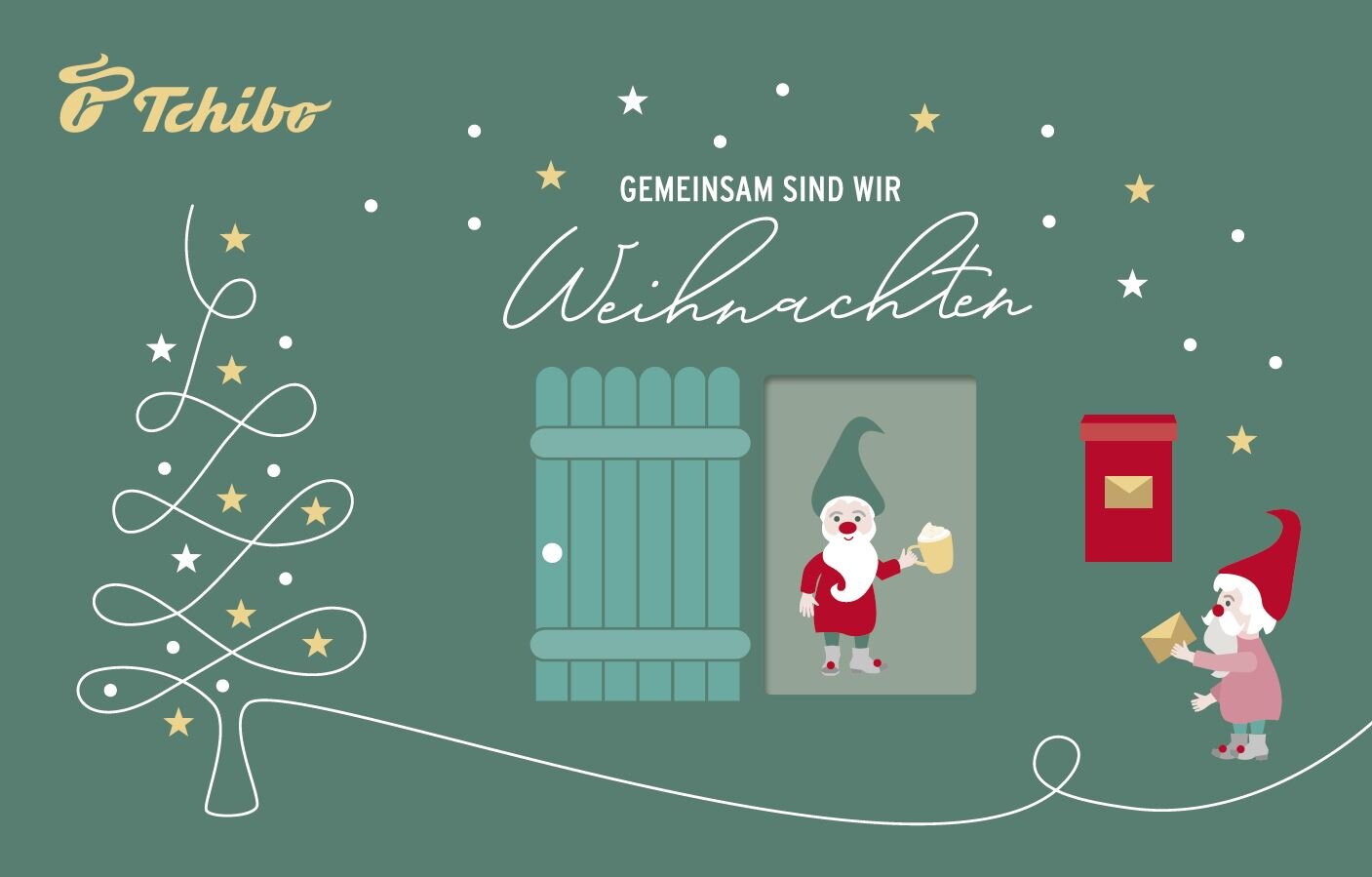 Weihnachtszwerge mit Briefkasten und Tanne