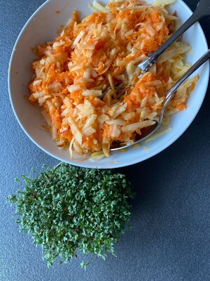 Link: Großansicht des Bildes - Bildinhalt: Schüssel mit Karotten-Apfel-Rohkost und Kresse
