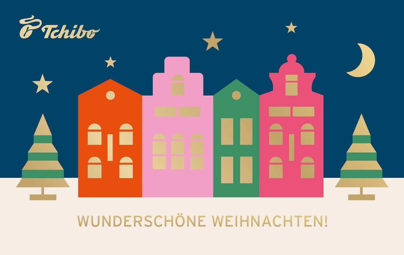 Bunte Häuser, Tannen, Sterne und Mond, Text „Wunderschöne Weihnachten!“