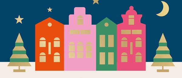 Bunte Häuser, Tannen, Sterne und Mond, Text „Wunderschöne Weihnachten!“