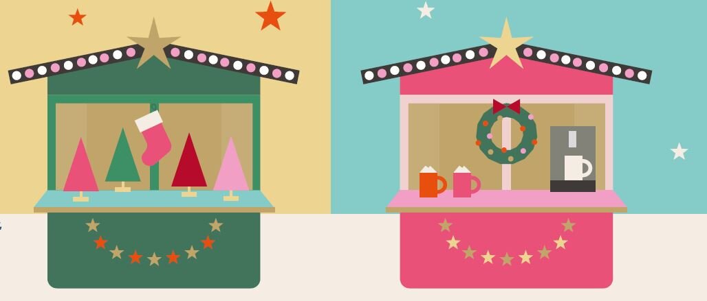 Zwei bunte Weihnachtsmarktstände mit Deko