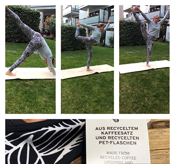 Frau macht Yoga auf Rasen, Etikett aus Recyclingmaterial