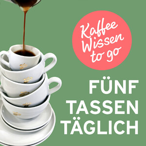 Link: Großansicht des Bildes - Bildinhalt: Gestapelte Kaffeetassen mit Text „Fünf Tassen täglich“
