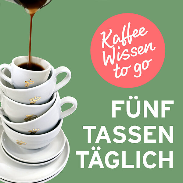 Gestapelte Kaffeetassen und Text „Fünf Tassen täglich“
