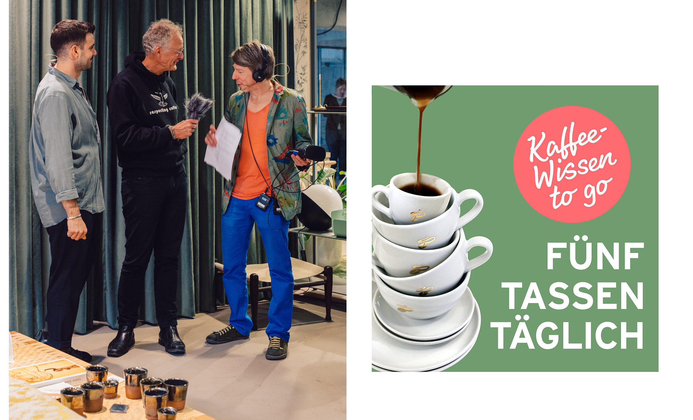 Drei Personen im Interview, daneben Kaffeemotiv