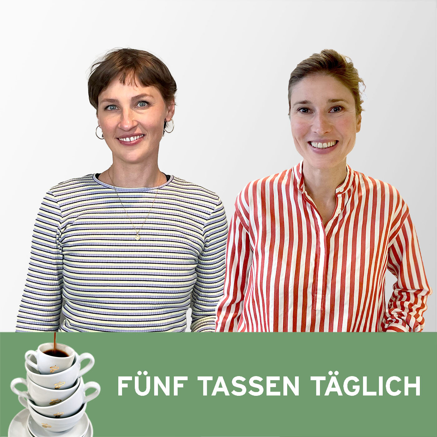 Zwei Personen mit Streifenshirts, Text „Fünf Tassen täglich“